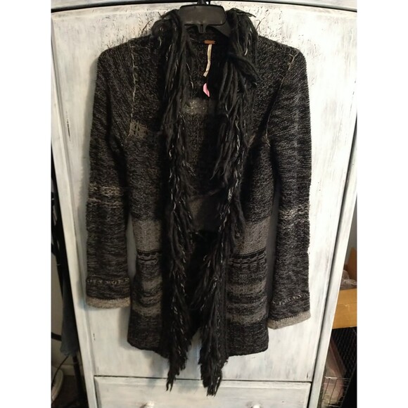 Free People Fringed  Open Sweater Cardigan Sm Boho Grunge Loganlook Gray Black - Picture 1 of 9